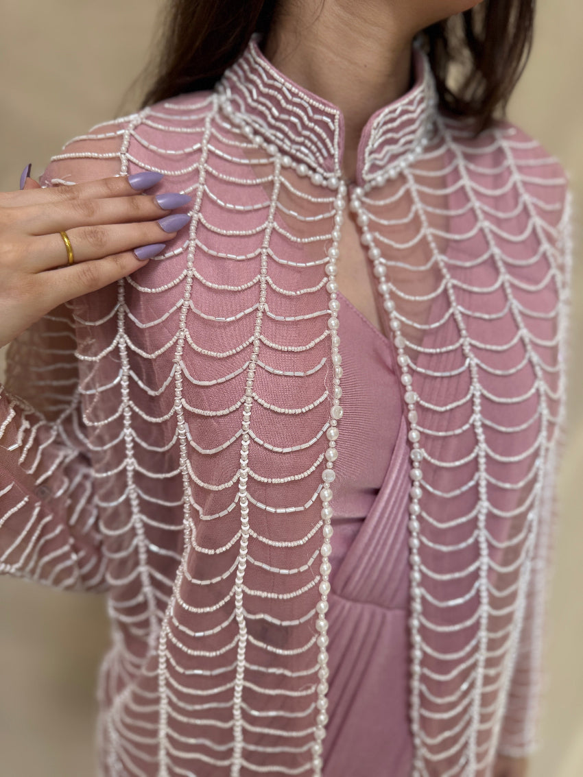 Pink Drape Saree With Pearl Web Shrug