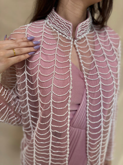 Pink Drape Saree With Pearl Web Shrug