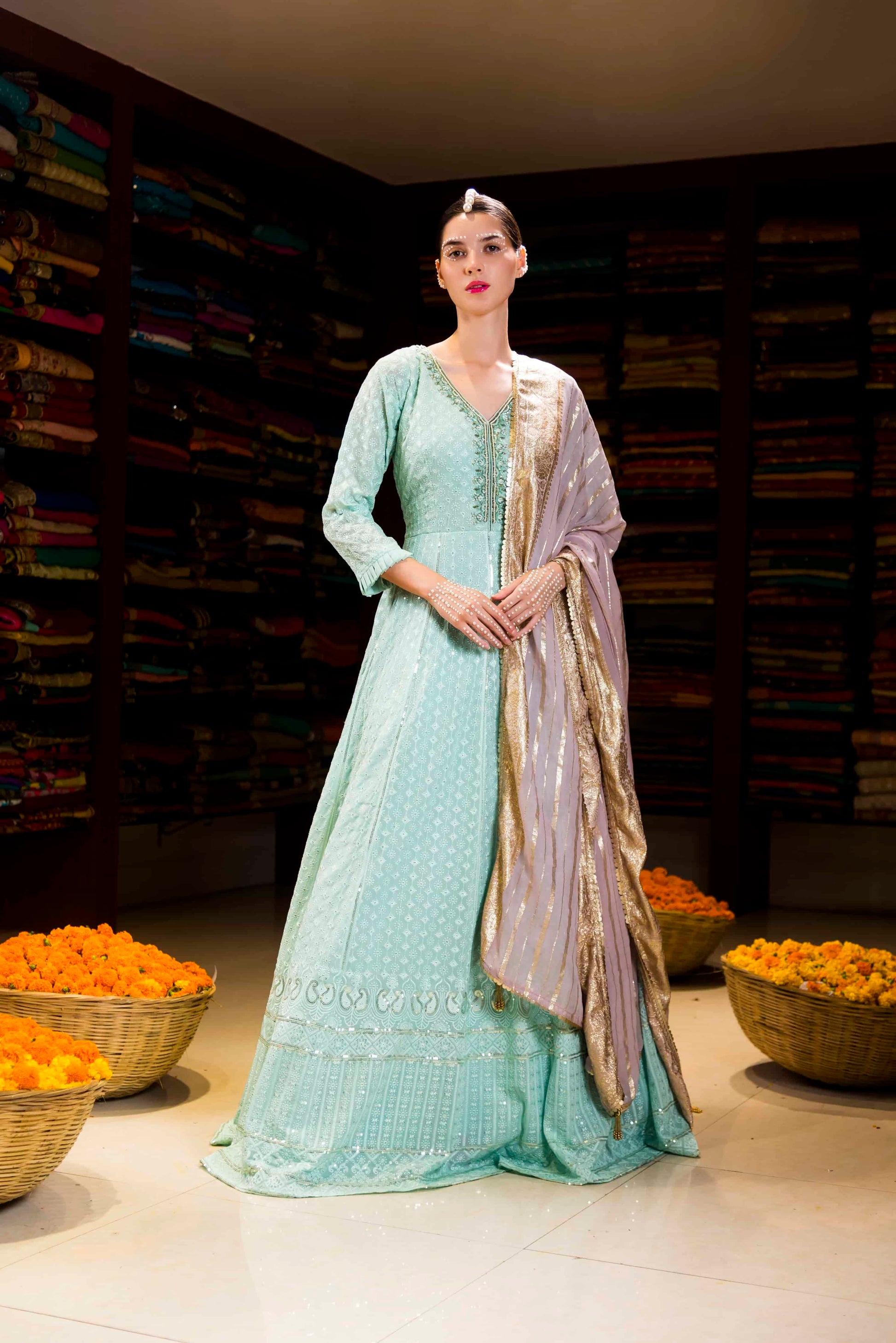 Pista Green Anarkali Thread Work Dress with Banarasi Dupatta