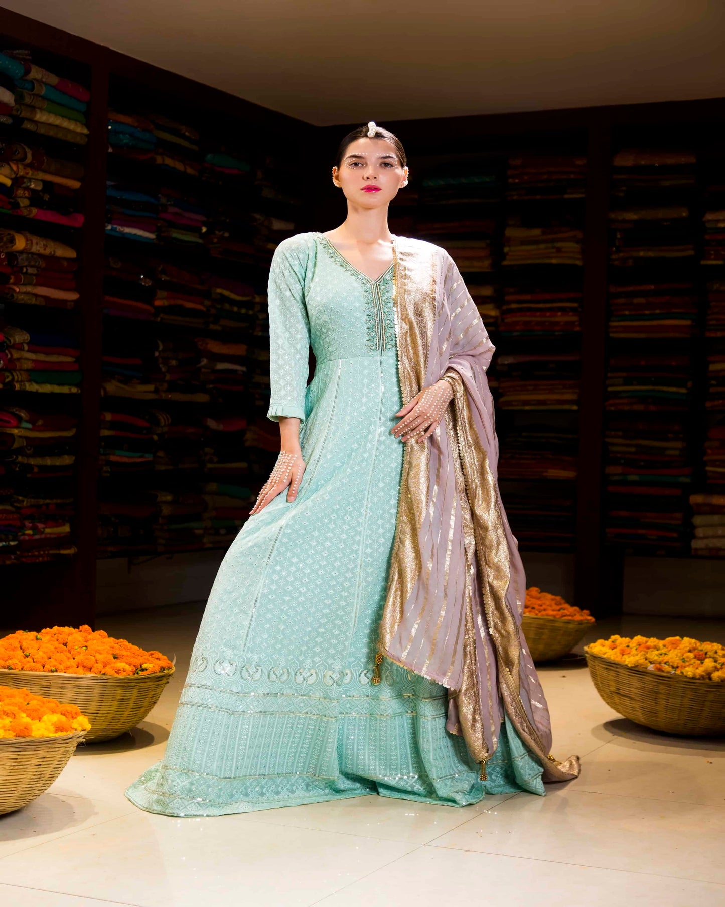 Pista Green Anarkali Thread Work Dress with Banarasi Dupatta