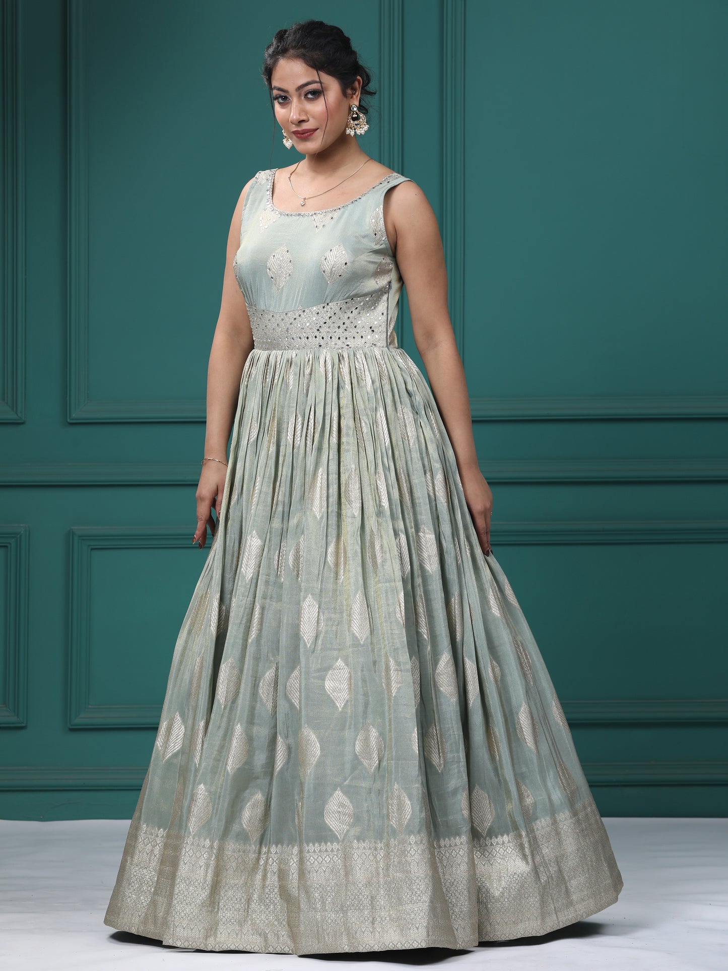 Pista Green Silk Mirrror Anarkali Dress