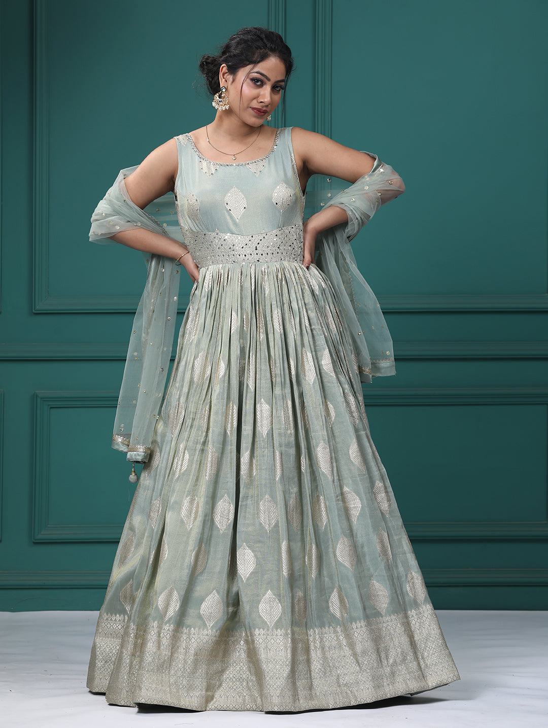 Pista Green Silk Mirrror Anarkali Dress