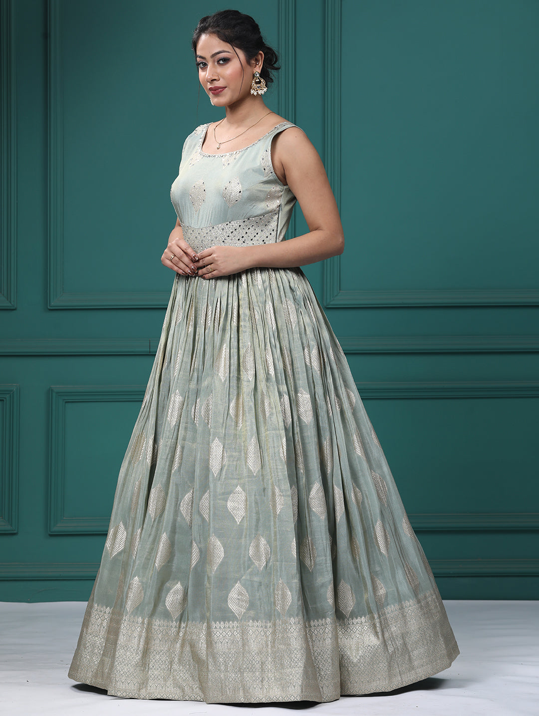 Pista Green Silk Mirrror Anarkali Dress