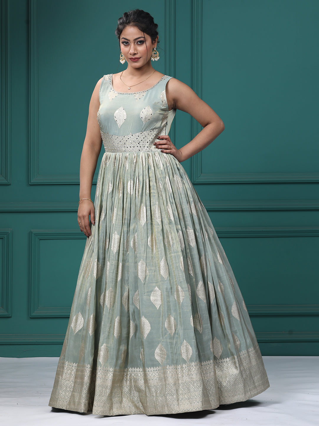 Pista Green Silk Mirrror Anarkali Dress