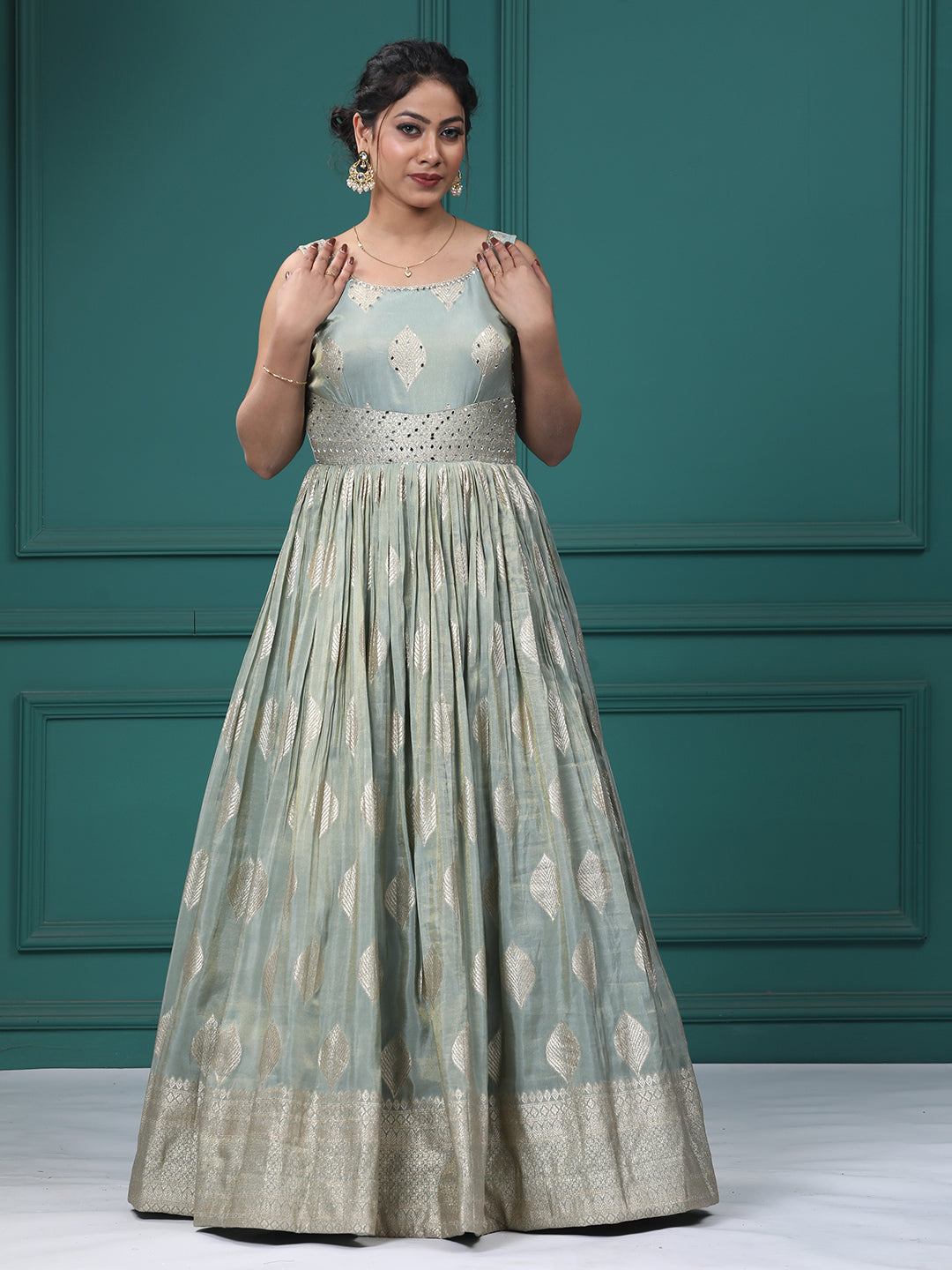 Pista Green Silk Mirrror Anarkali Dress