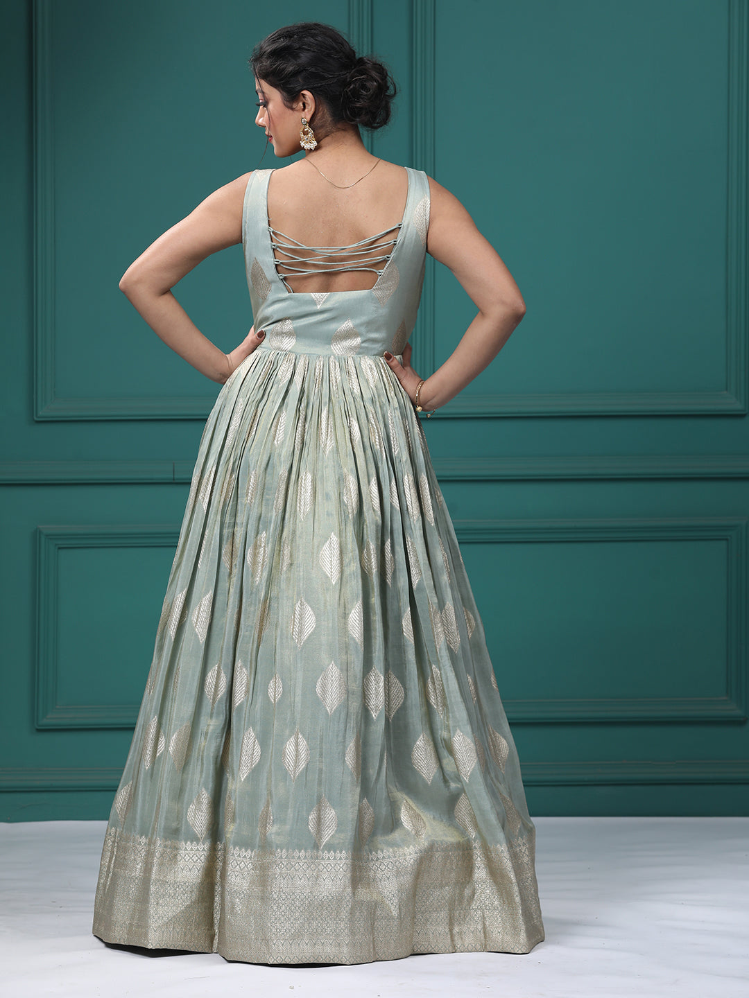 Pista Green Silk Mirrror Anarkali Dress