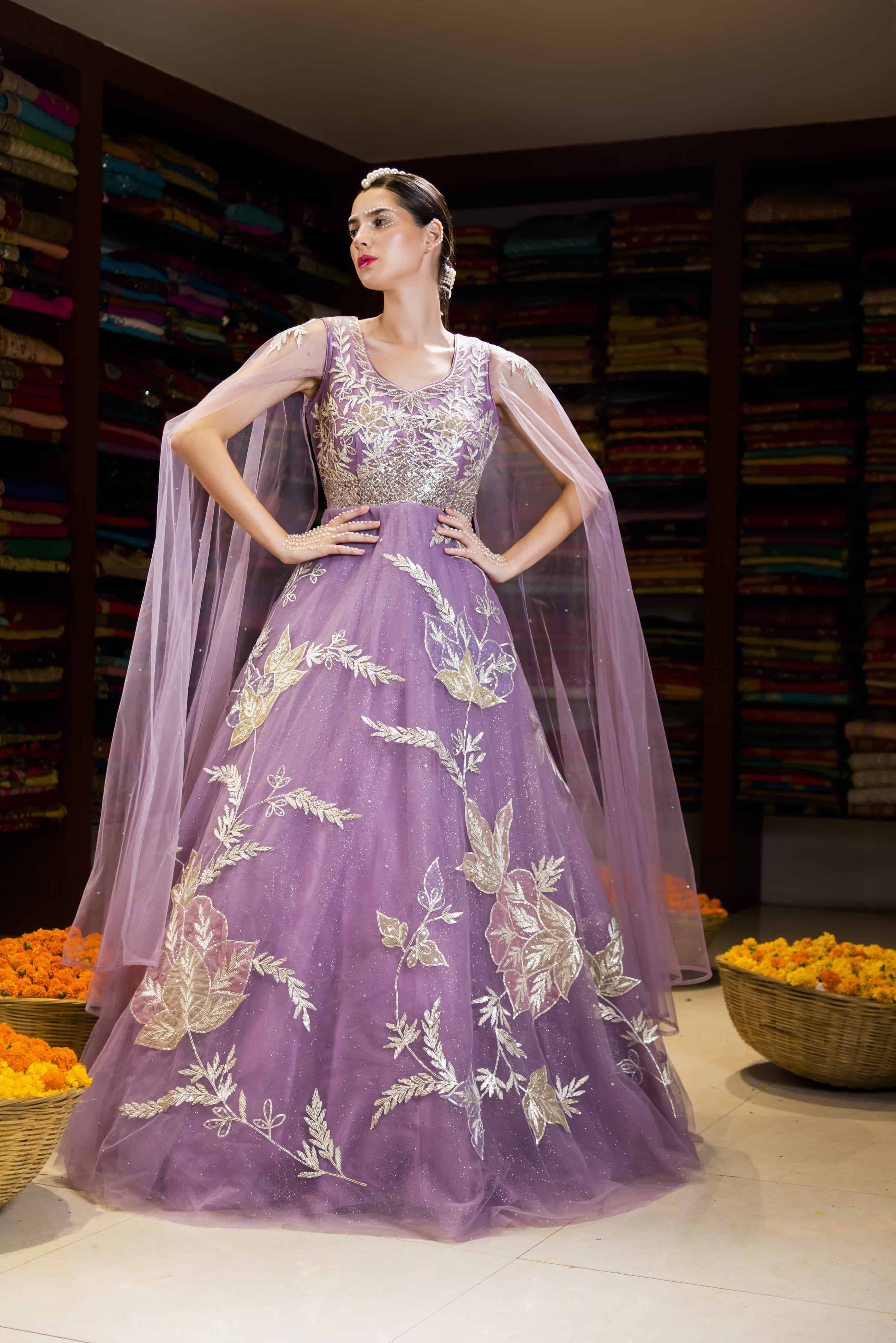 Purple Net Gota Patti Work Gown DC Fashion