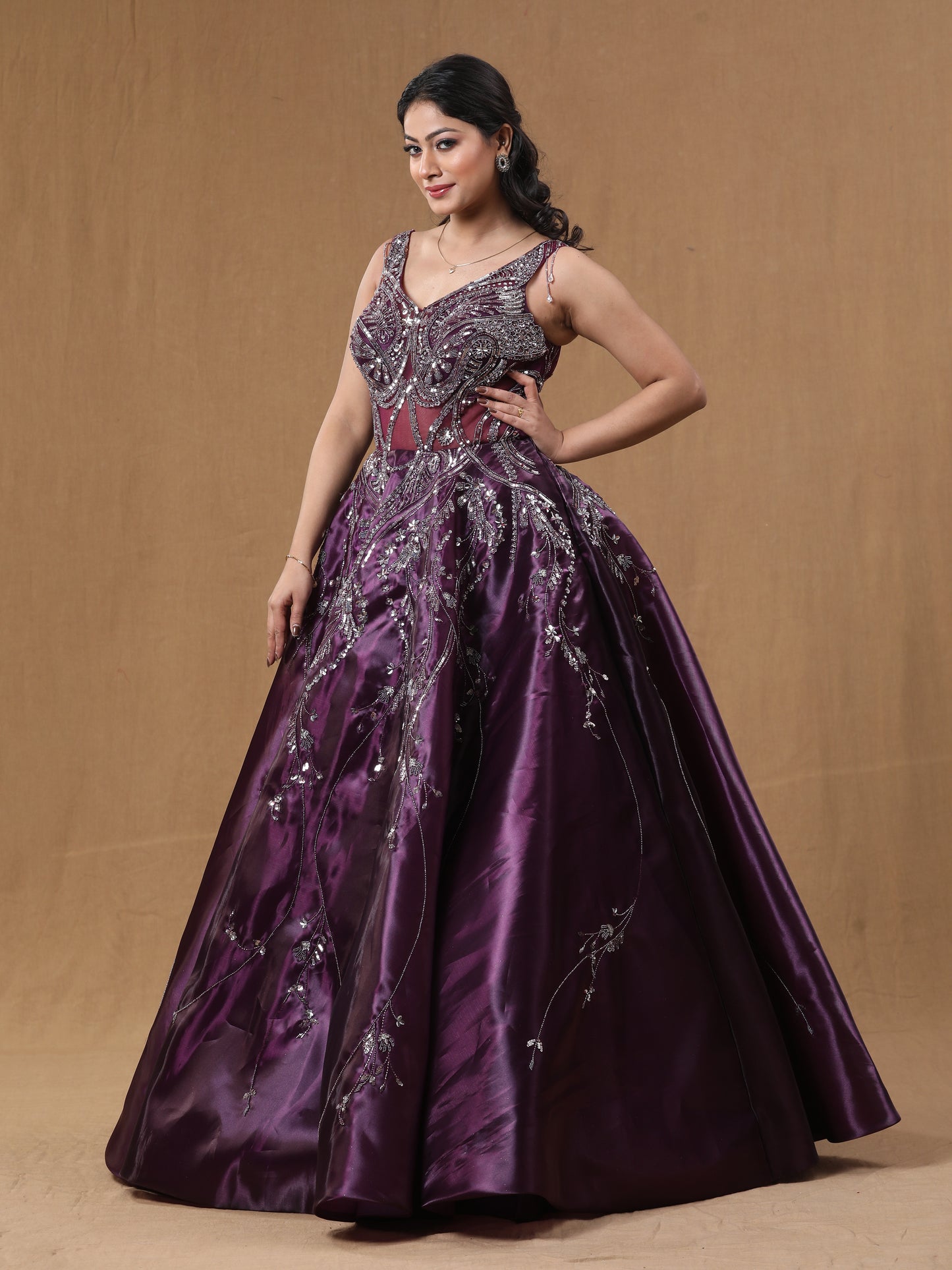 Purple Wine Organja Handwork Ball Gown