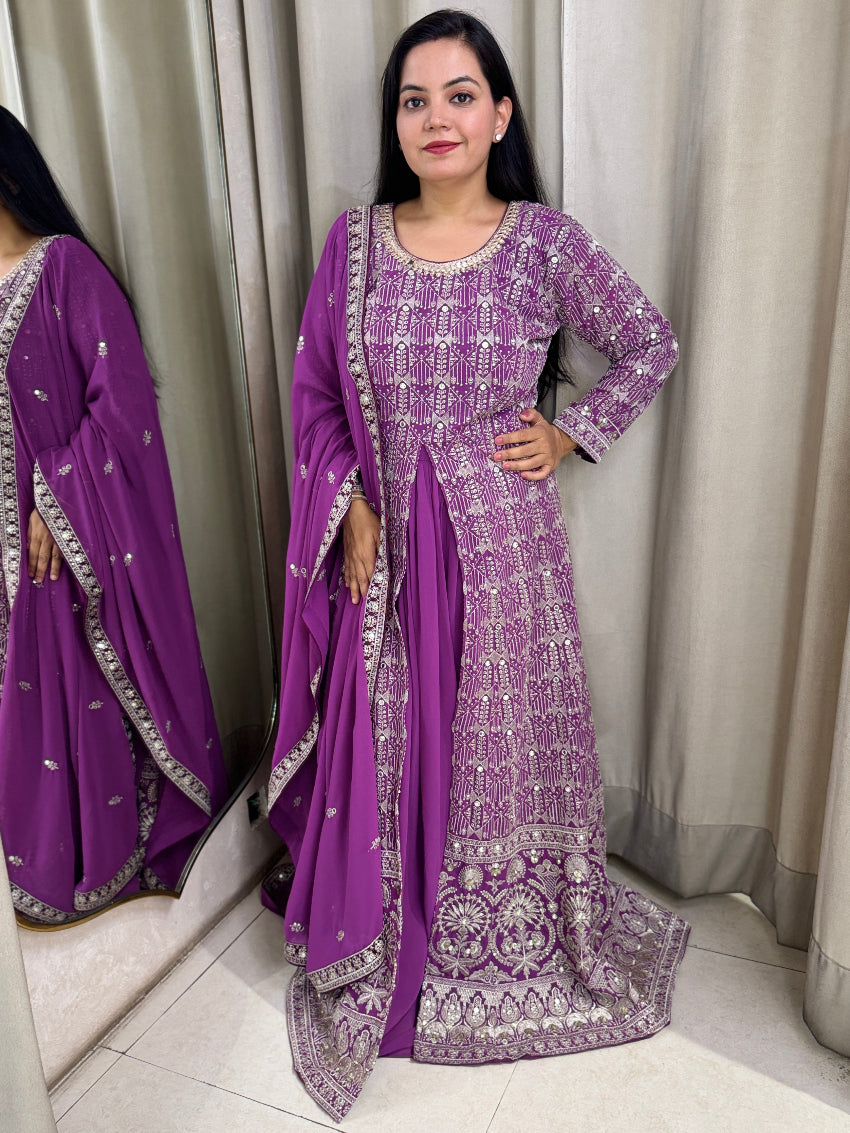 Purple Anarkali with front slit and palazzos in bottom