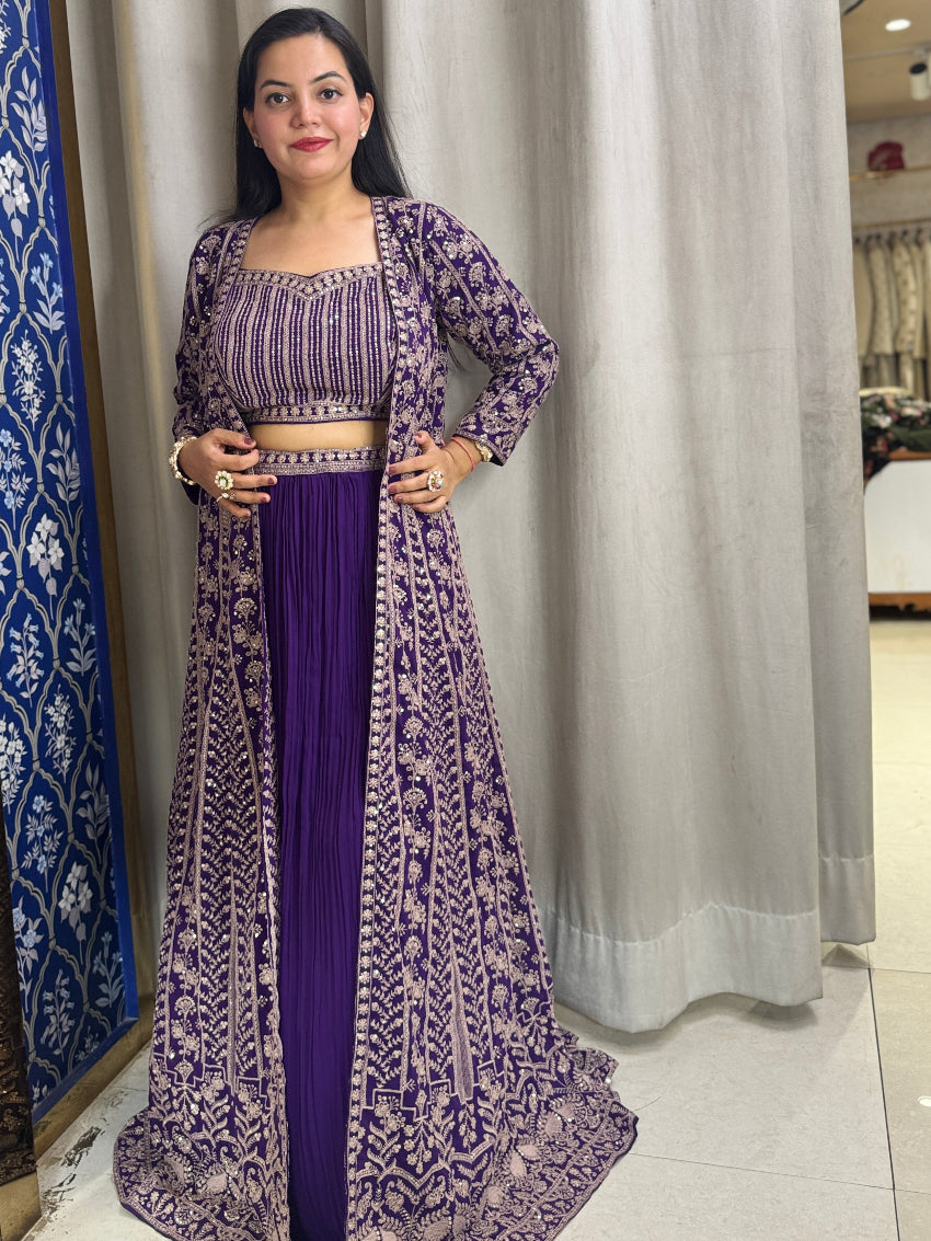 Purple heavy embroidered Indo Western Anarkali four piece set