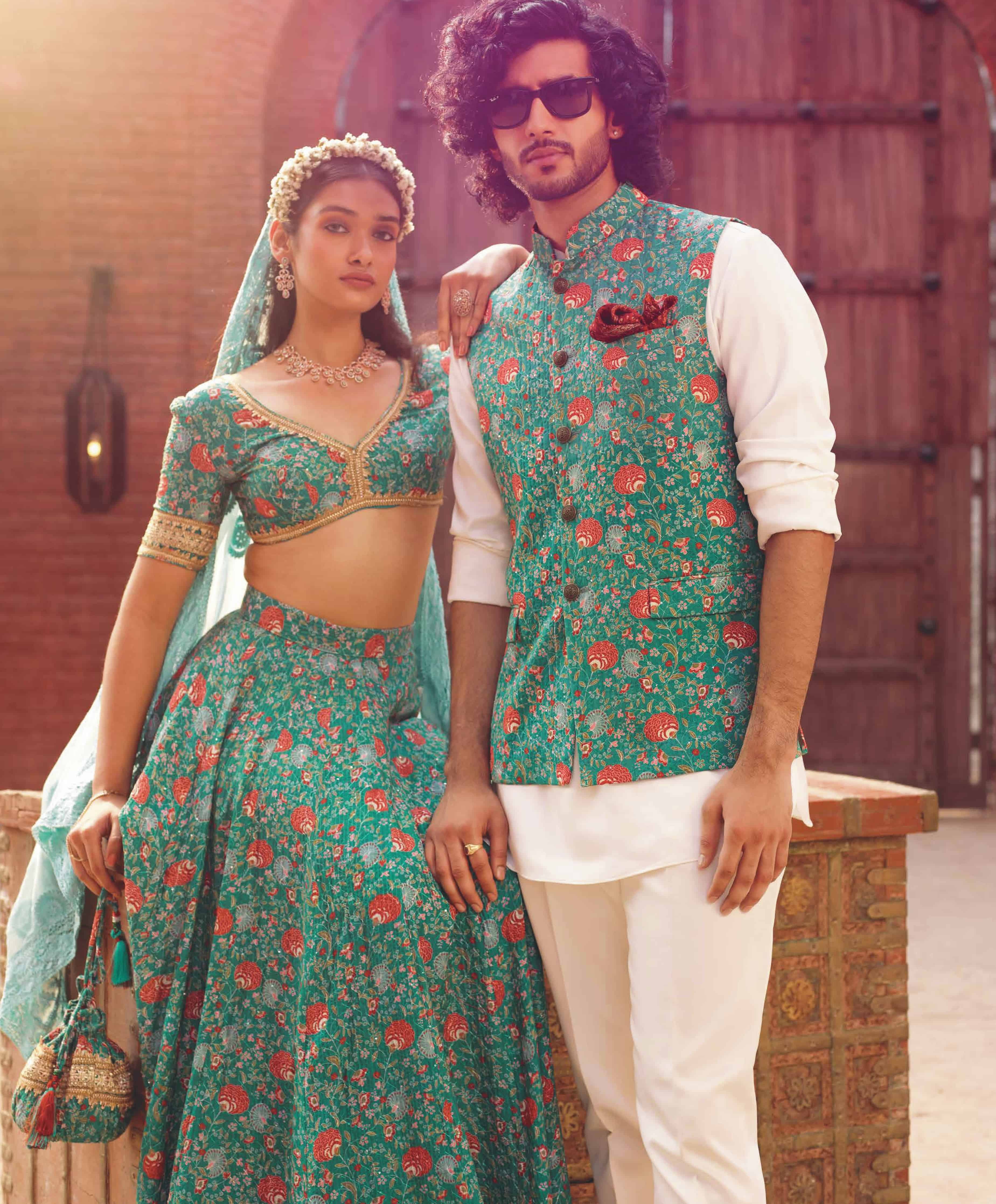 Rama Green Matching Kurta Bundi with Lehenga