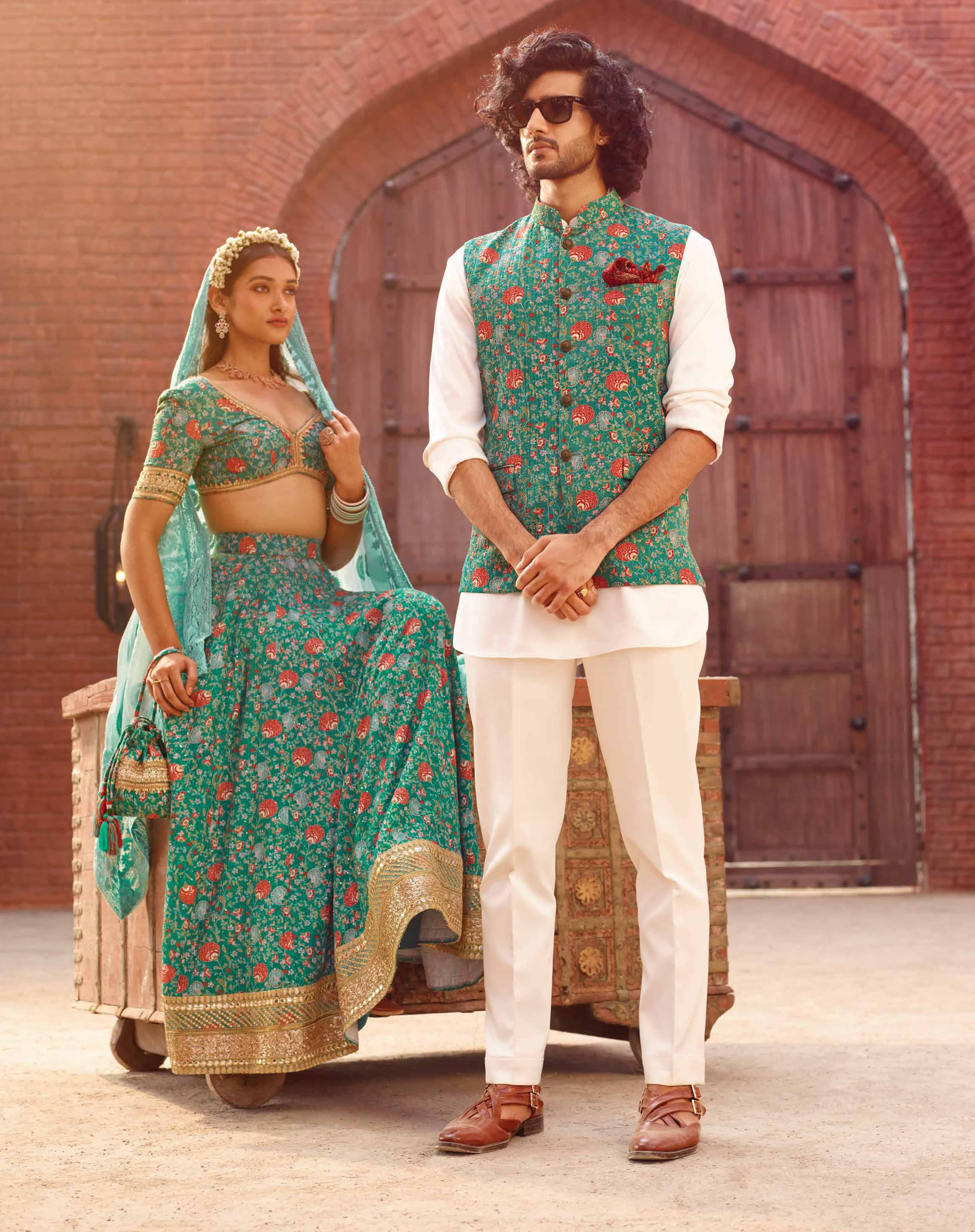 Rama Green Matching Kurta Bundi with Lehenga