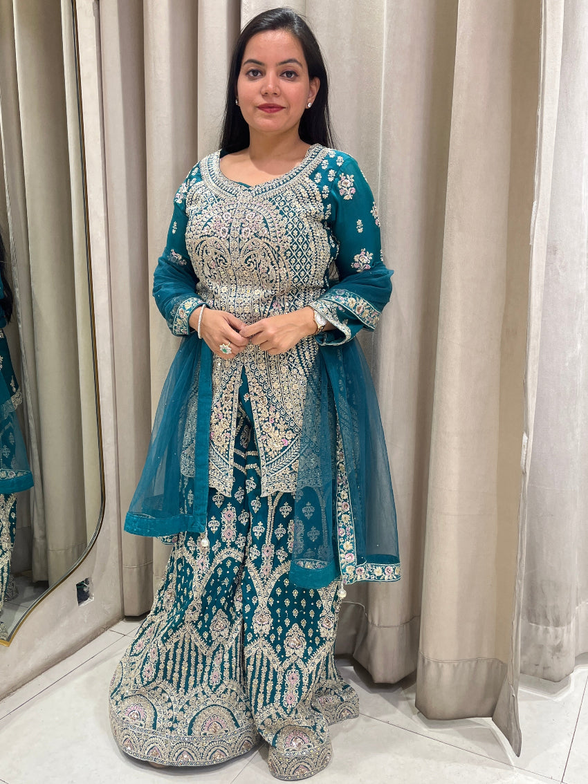 Rama Green Sharara Suit With Golden Jari Work