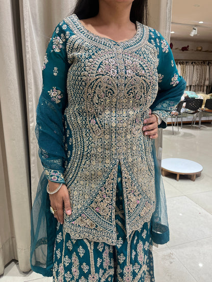 Rama Green Sharara Suit With Golden Jari Work