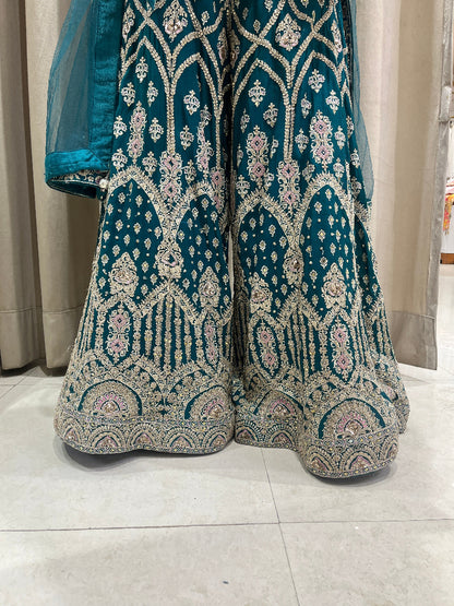 Rama Green Sharara Suit With Golden Jari Work