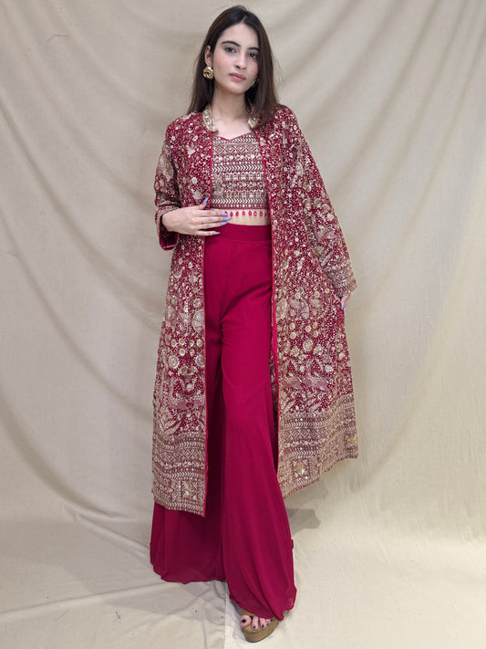 Rani Color Fusion Palazzo Dress With Embroidered Bustier and Long Heavy Shrug of Deer and Peacock detailing