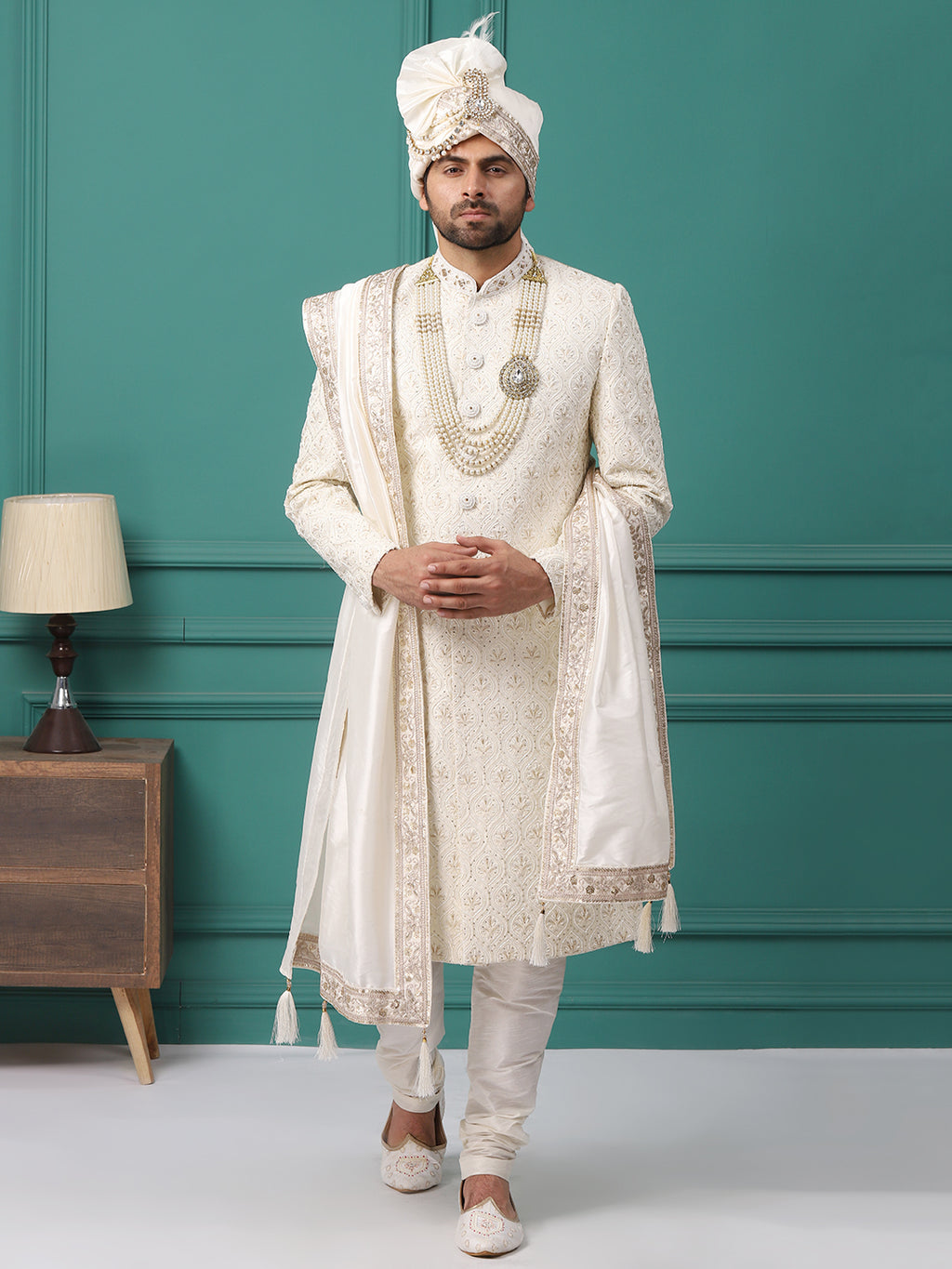 Ravishing Ivory Collar Embellished Groom Sherwani