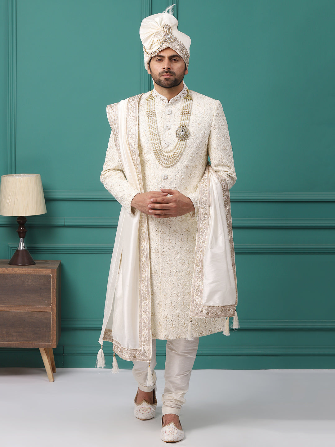 Ravishing Ivory Collar Embellished Groom Sherwani