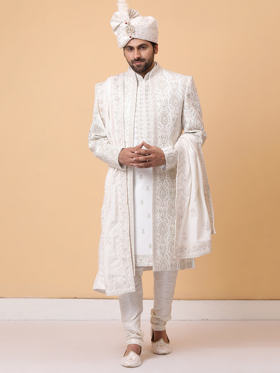 Ravishing Ivory Front Open Embellished Groom Sherwani with Embroideried Kurta
