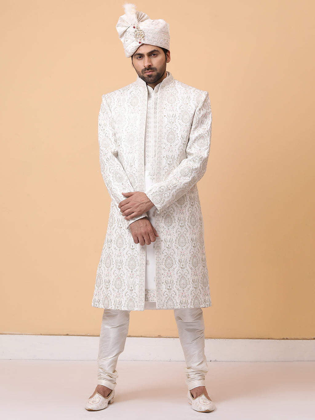 Ravishing Ivory Front Open Embellished Groom Sherwani with Embroideried Kurta