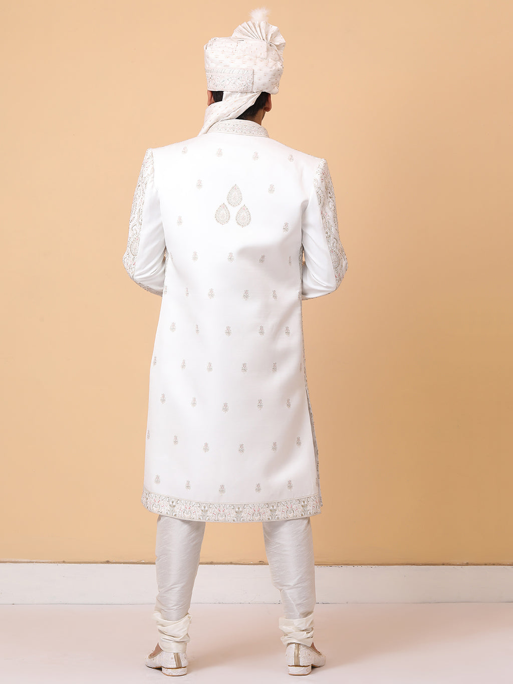 Ravishing Ivory Front Open Embellished Groom Sherwani with Embroideried Kurta