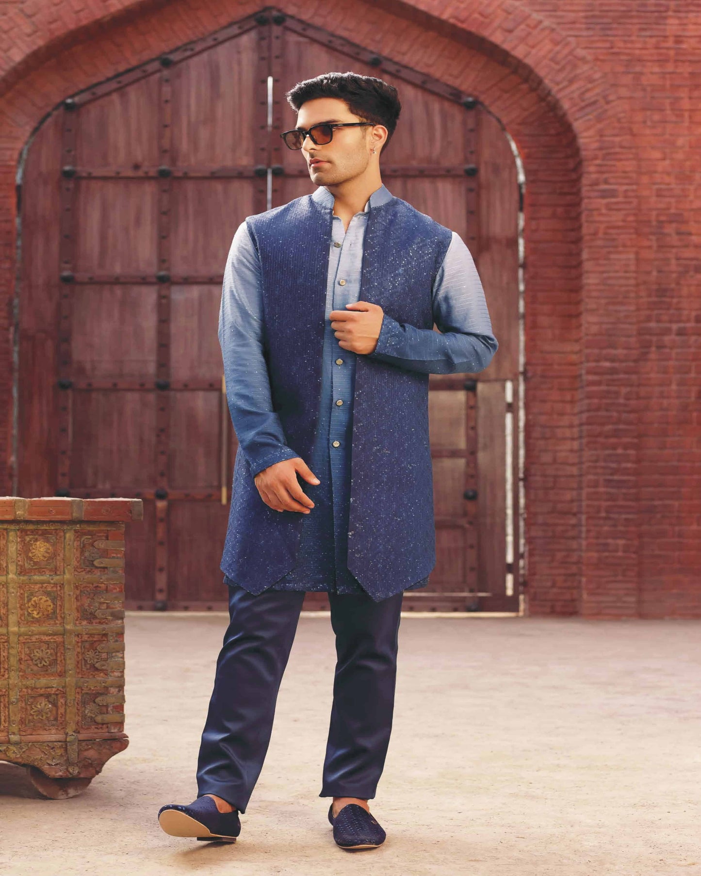 Royal Blue Embellished Indo With Shaded Open Jacket