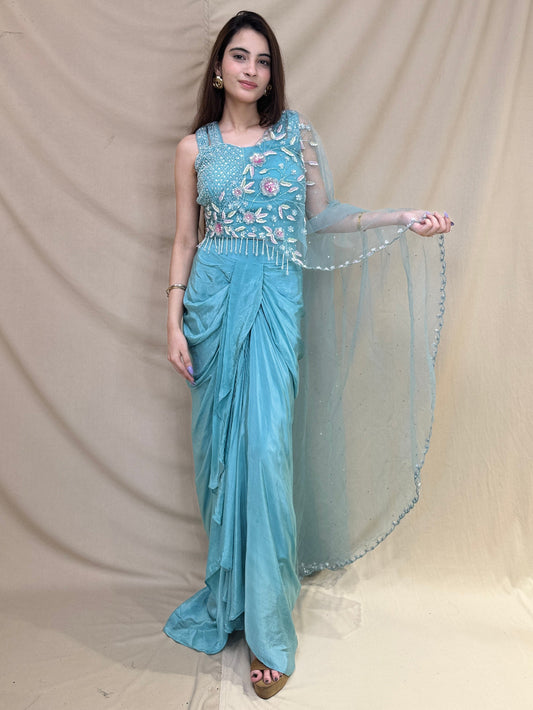 Sky Blue Dhoti Saree Fusion Dress with Embroidered Detailing on the Blouse