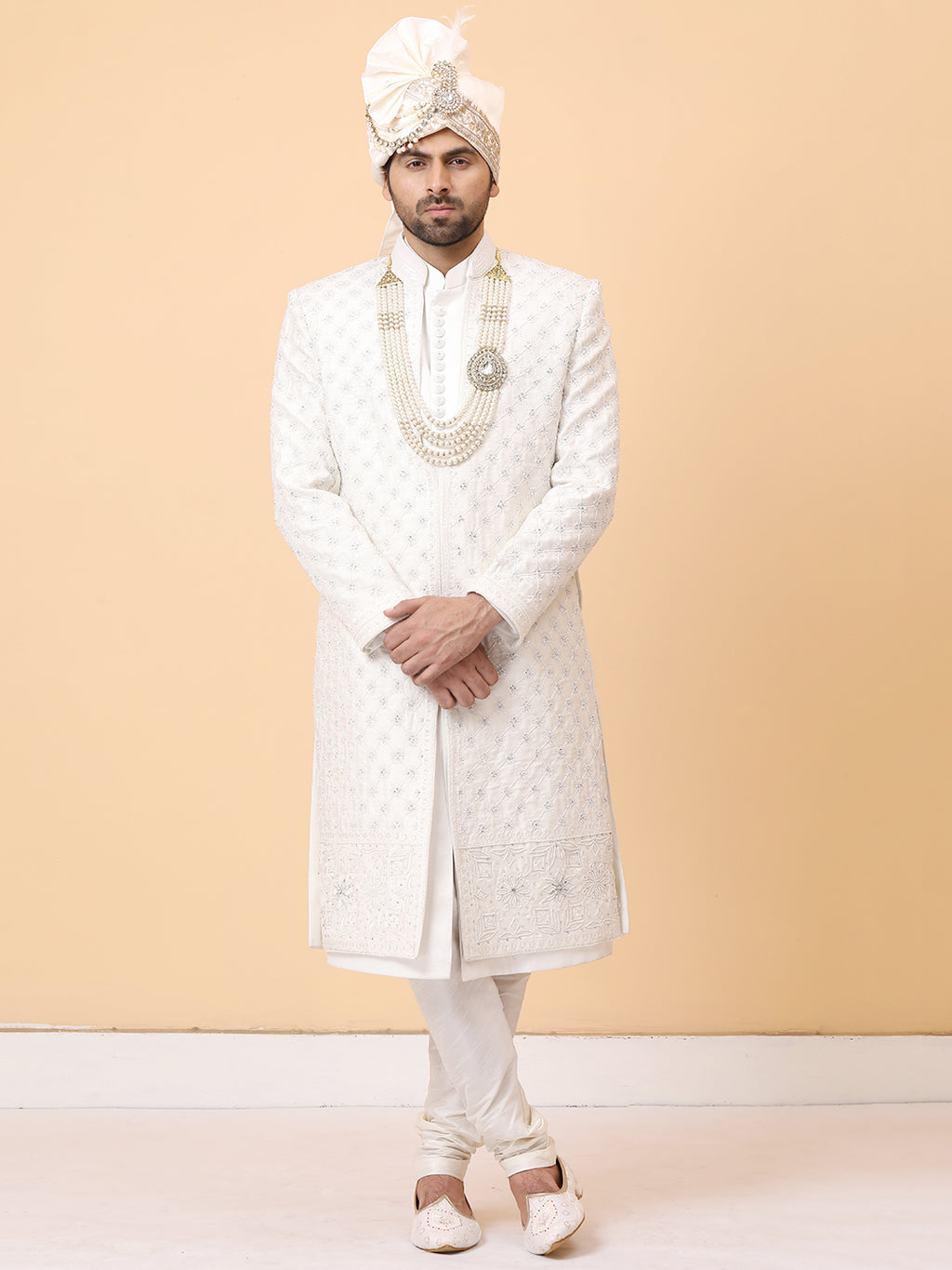 Subtle Front Open Ivory Pearl Resham Groom Sherwani with Kurta