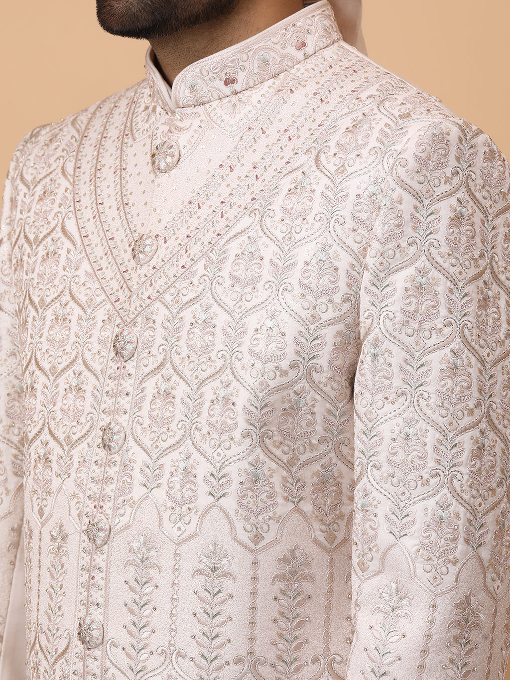 Subtle Ivory Neck Embroideried Groom Sherwani