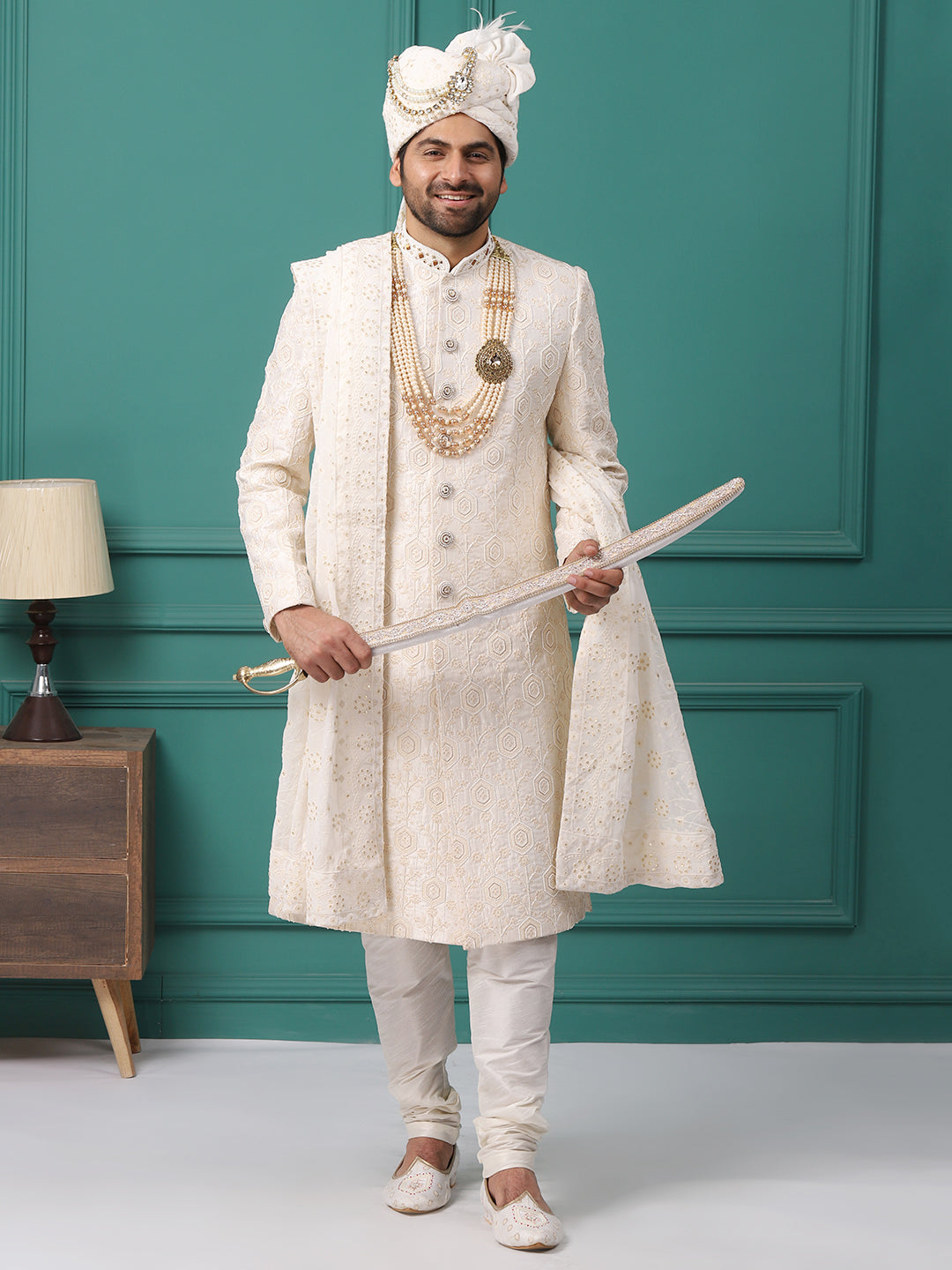 Subtle Ivory Pearl Handwork Embroideried Grom Sherwani