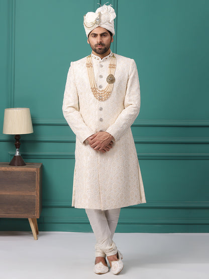 Subtle Ivory Pearl Handwork Embroideried Grom Sherwani