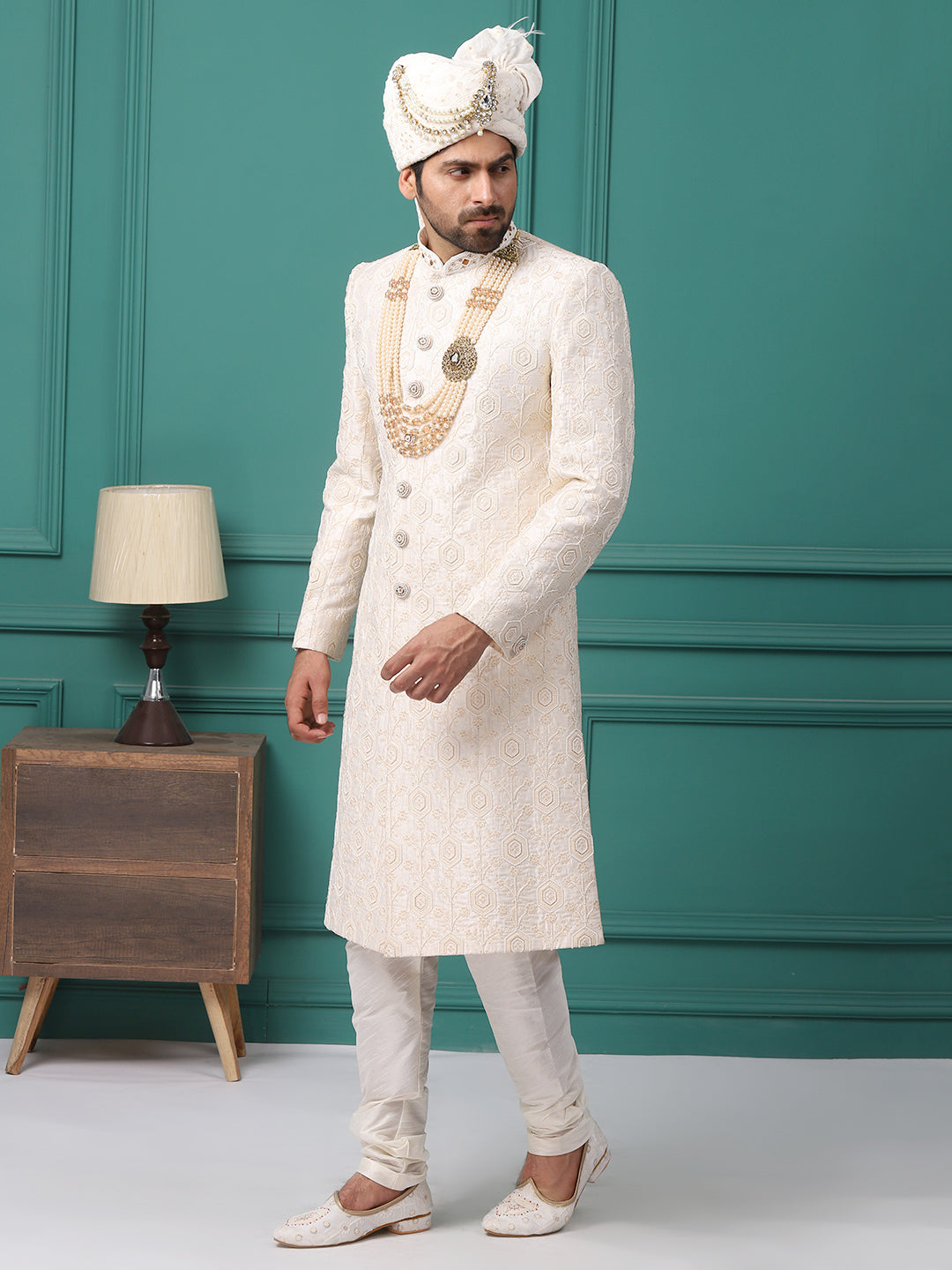 Subtle Ivory Pearl Handwork Embroideried Grom Sherwani