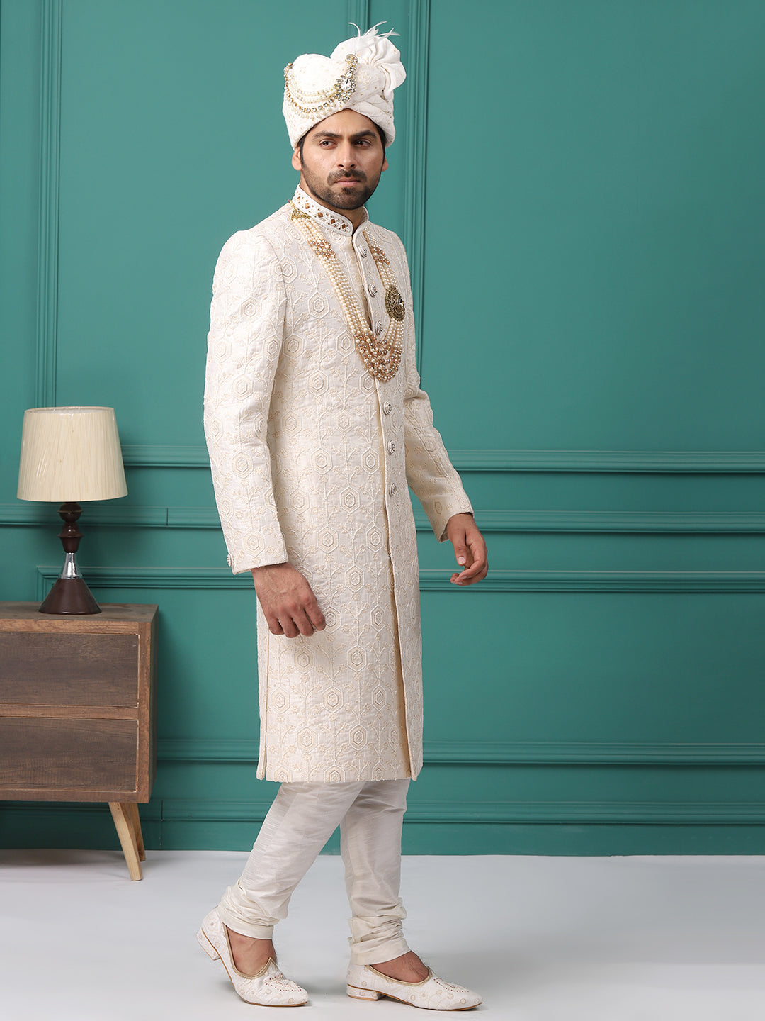 Subtle Ivory Pearl Handwork Embroideried Grom Sherwani