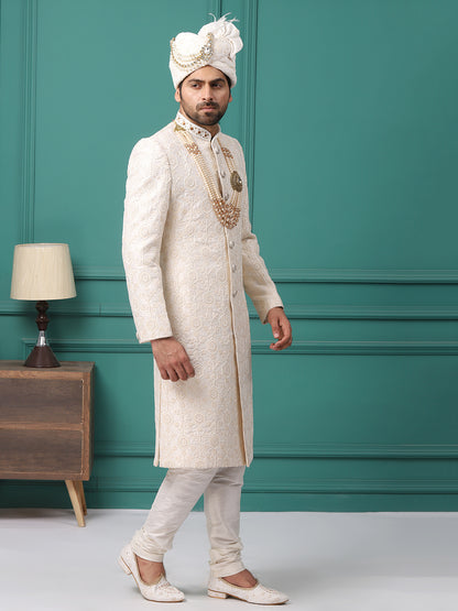 Subtle Ivory Pearl Handwork Embroideried Grom Sherwani