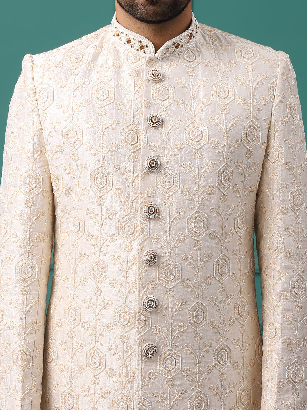 Subtle Ivory Pearl Handwork Embroideried Grom Sherwani