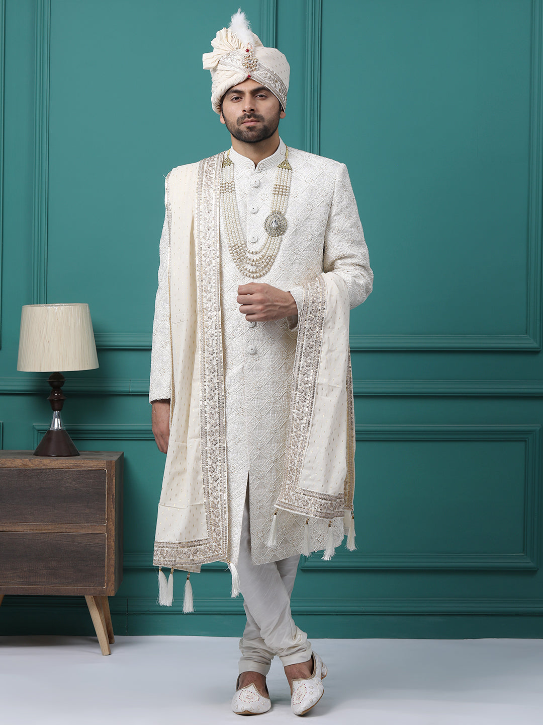 Subtle Ivory Pearl Resham Work Groom Sherwani