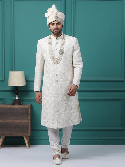 Subtle Ivory Pearl Resham Work Groom Sherwani