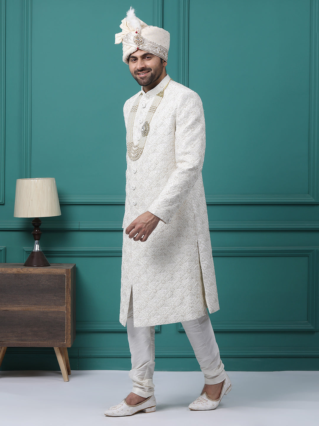 Subtle Ivory Pearl Resham Work Groom Sherwani