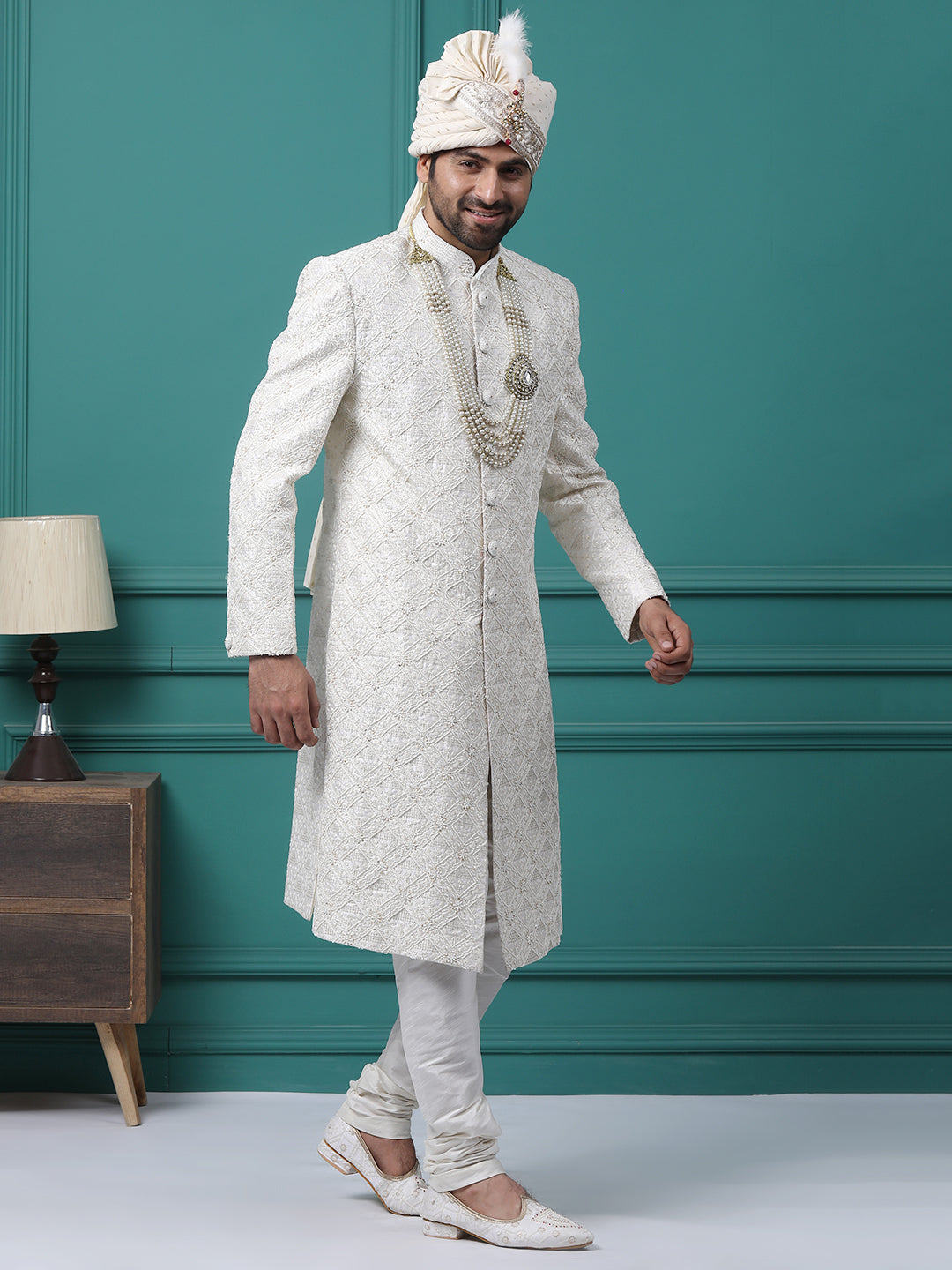 Subtle Ivory Pearl Resham Work Groom Sherwani