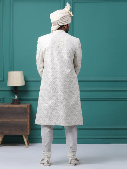 Subtle Ivory Pearl Resham Work Groom Sherwani