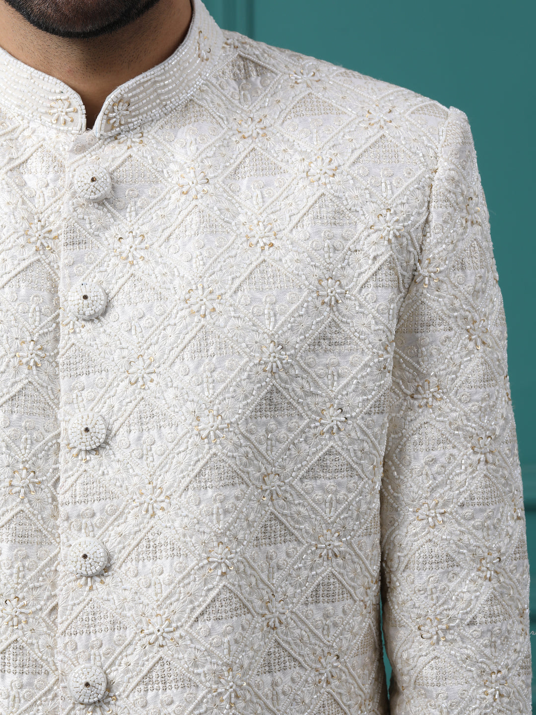 Subtle Ivory Pearl Resham Work Groom Sherwani