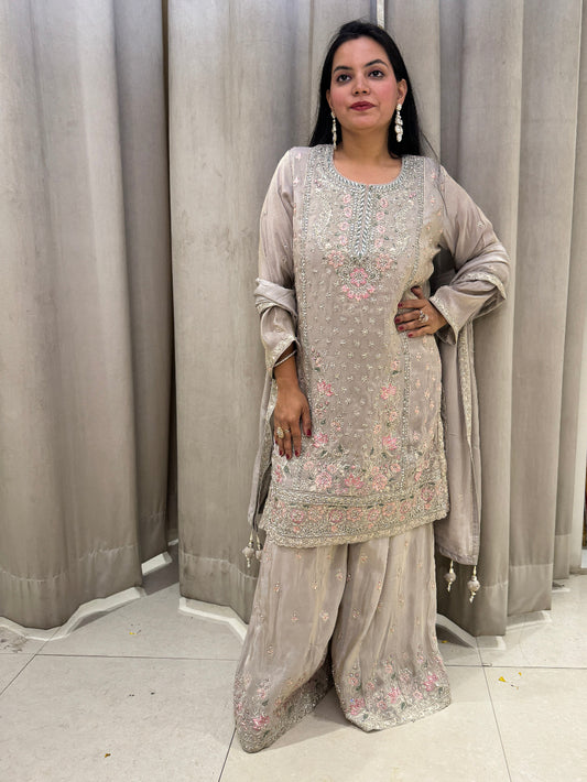White Crepe Chiffon Sharara Suit Thread work