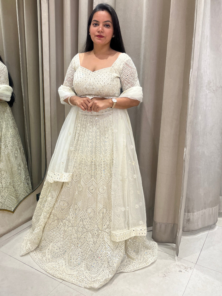 Creme Imported Net Lehanga With Delicate Embroidery And Mirror Work
