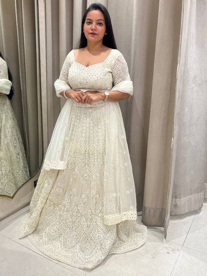 Creme Imported Net Lehanga With Delicate Embroidery And Mirror Work