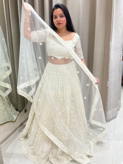 Creme Imported Net Lehanga With Delicate Embroidery And Mirror Work
