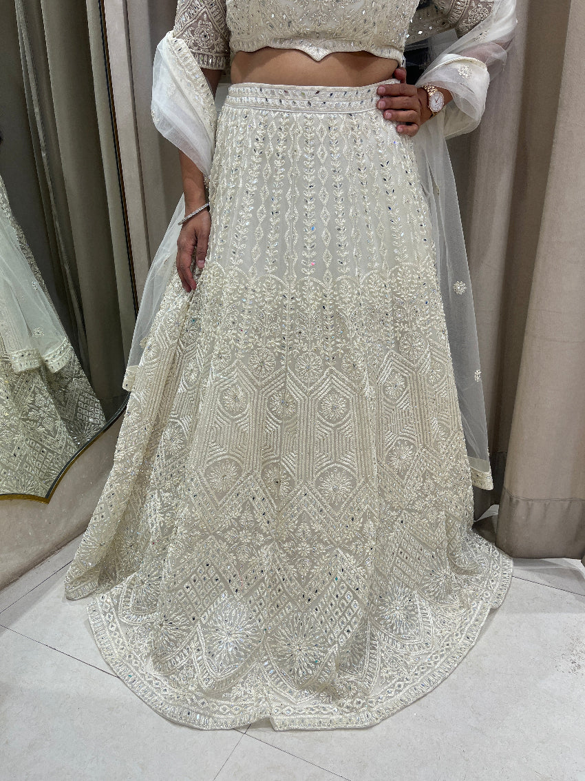 Creme Imported Net Lehanga With Delicate Embroidery And Mirror Work