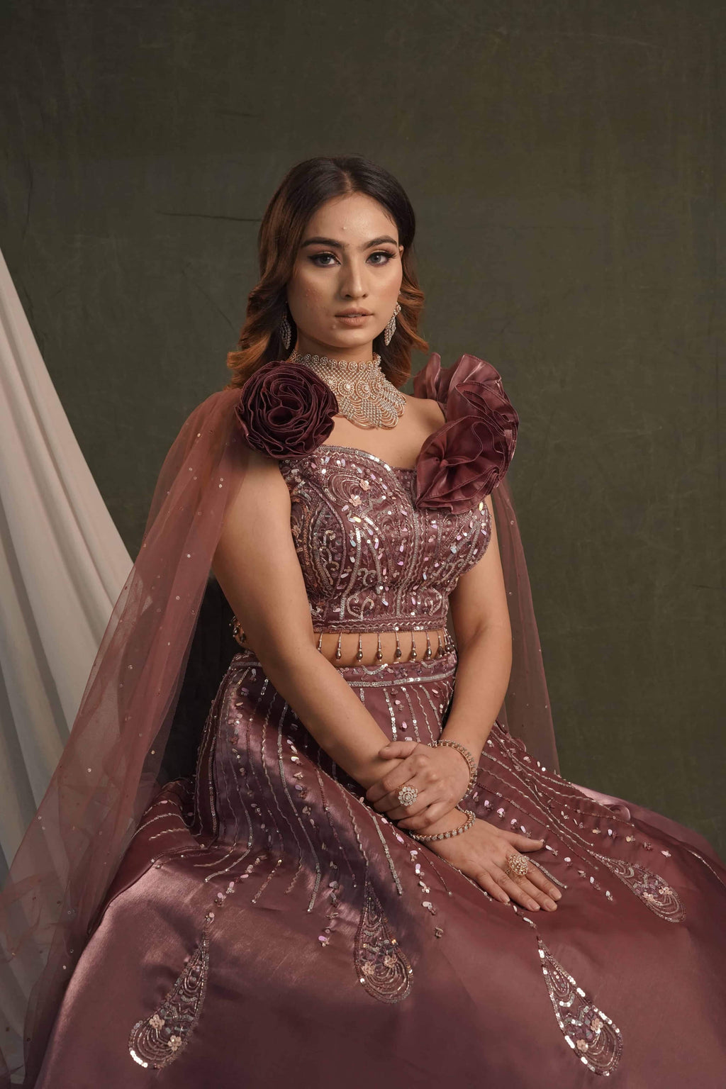 Wine Organza Western Crop Top