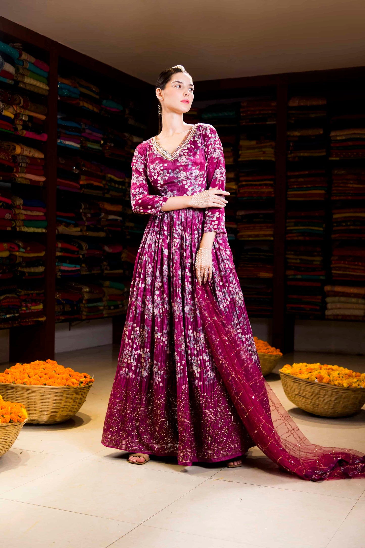 Wine Printed Chinnon Printed with Mukesh Handwork Dress With Heavy Dupatta