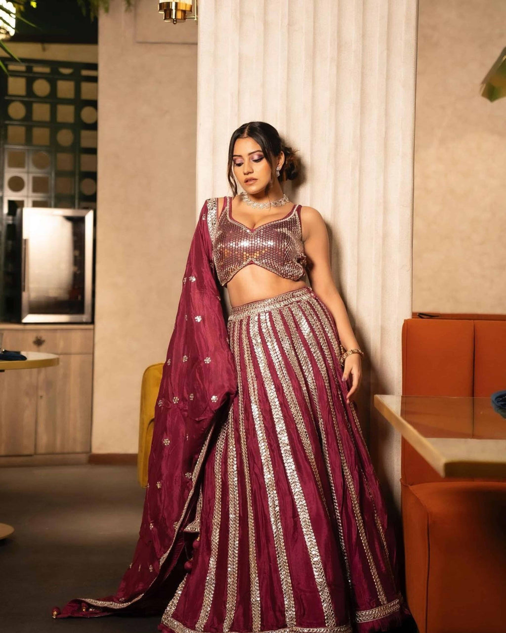 Wine Sequence Crop Top With Handwork