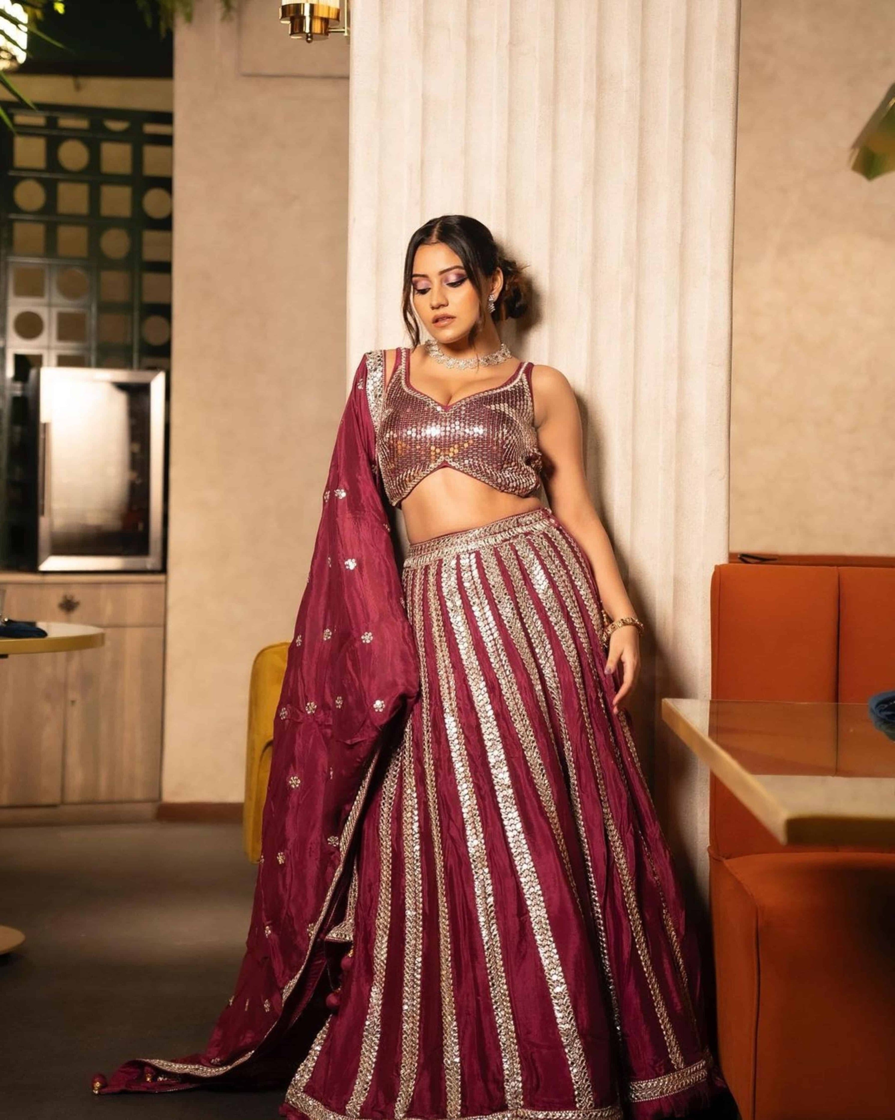 Wine Sequence Crop Top With Handwork